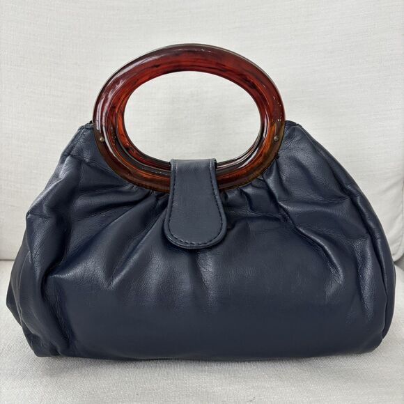 Handbags - Vintage JR Florida USA Navy Blue Handbag Purse Bakelite Handles MCM Mod 50s 60s
